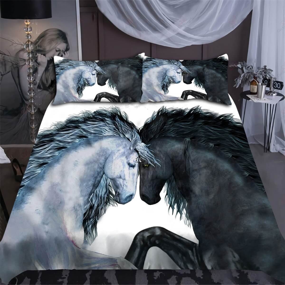 Horse Bedding Set Black Horse And White Horse LuvinGift