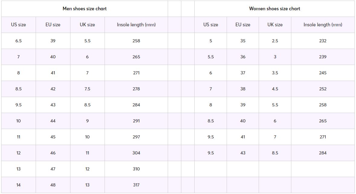Size Chart Sneakers