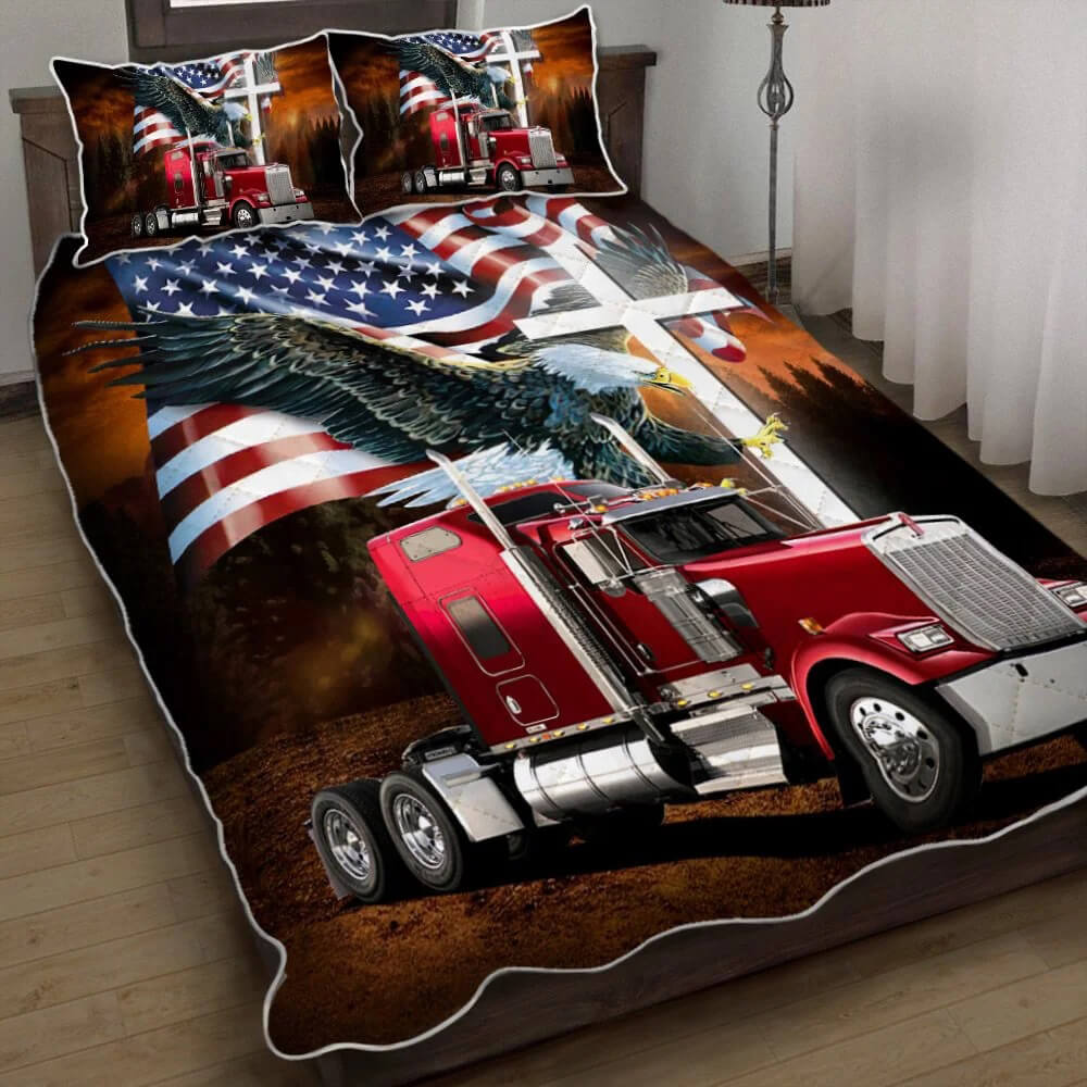 Truck Driver Bedding Set Jesus American Flag Eagle Red Truck Bedding