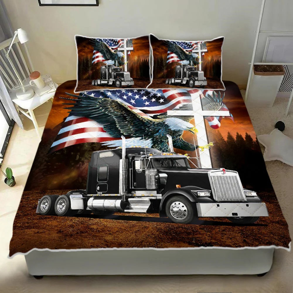 Truck Driver Bedding Set Jesus American Flag Eagle Black Truck LuvinGift
