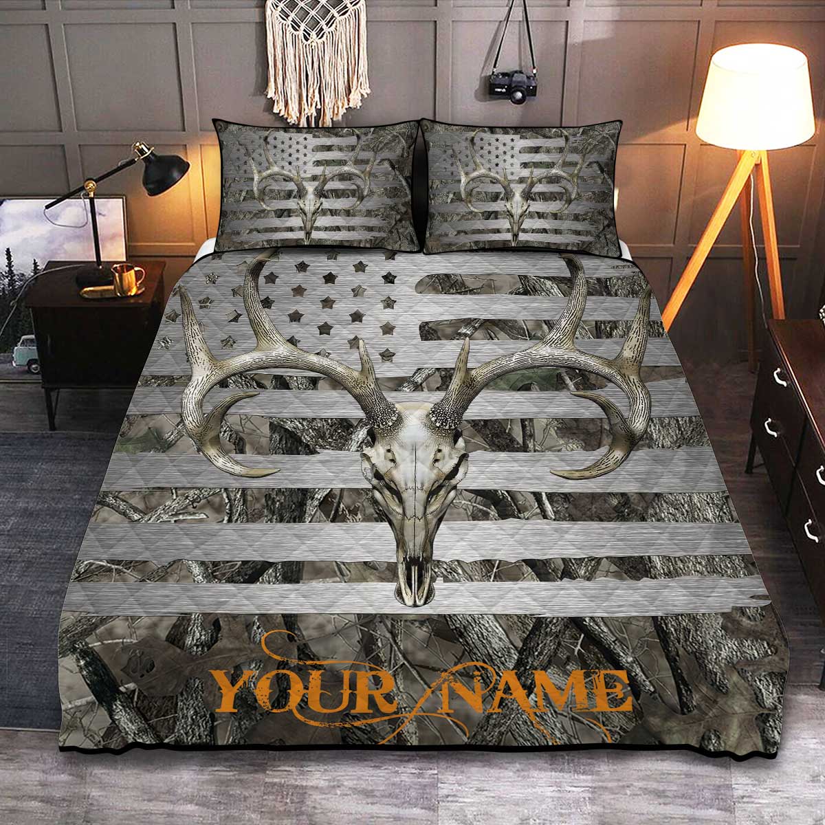 Personalized Whitetail Buck Deer Hunting Quilt Set American Flag