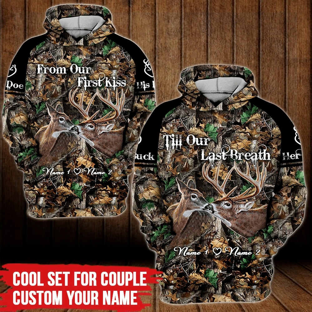 Personalized Deer Hunting Couple 3D All Over Hoodie From Our First Kiss