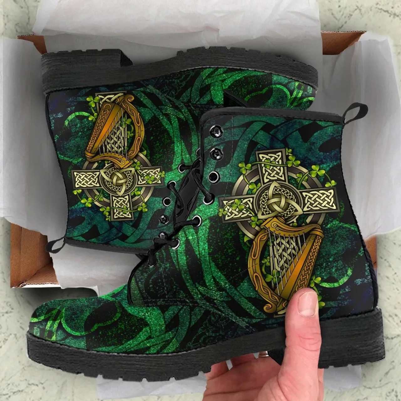 Ireland Celtic Leather Boots Ireland Coat Of Arms with Celtic Cross