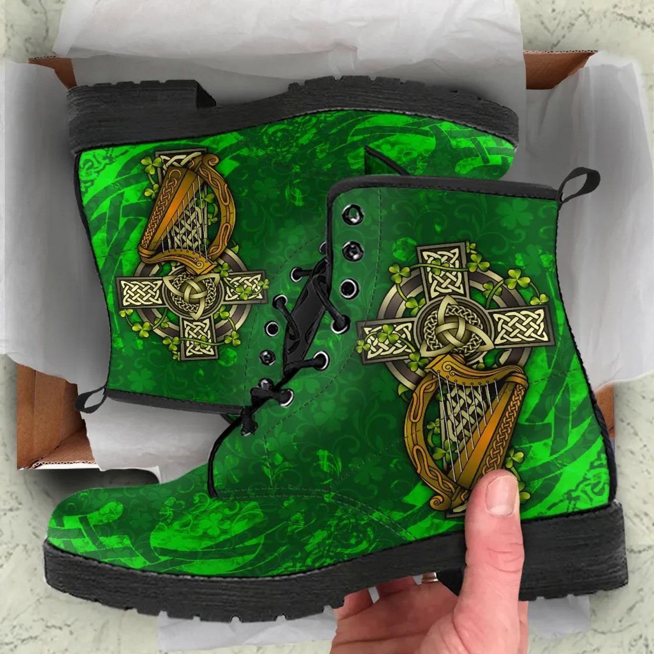 Ireland Celtic Leather Boots Ireland Coat Of Arms with Shamrock
