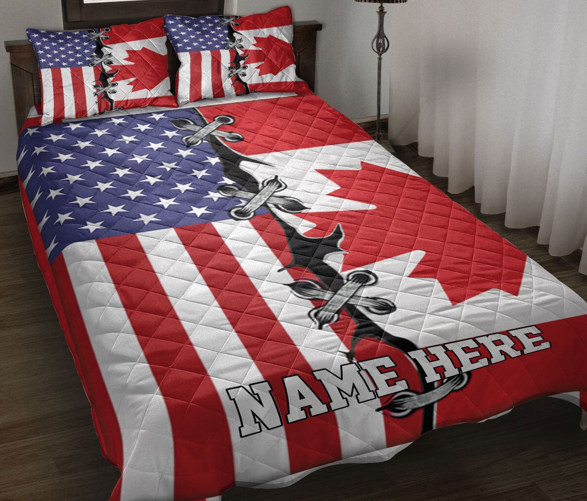 Personalized Canadian Quilt Set Canadian Us Flag Canada Flag Maple Leaf