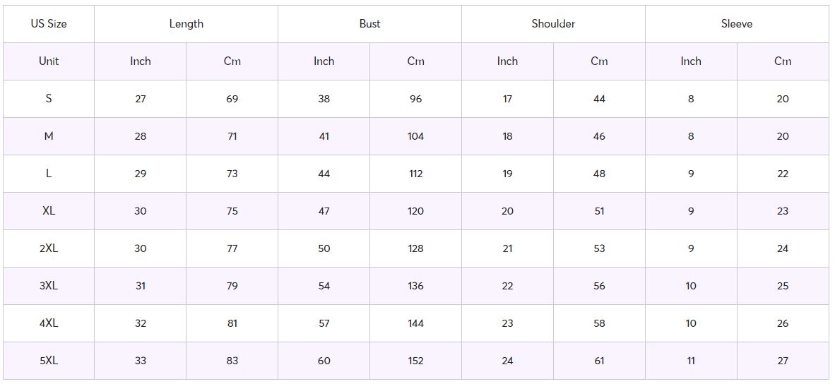 Size Chart Hawaiin Shirt